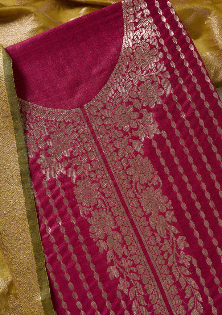 Rani Pink Threadwork Banarasi Unstitched Salwar Suit