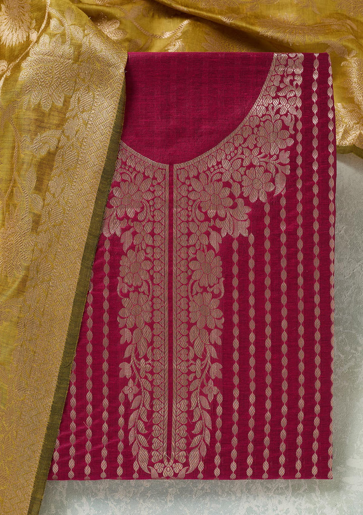 Rani Pink Threadwork Banarasi Unstitched Salwar Suit