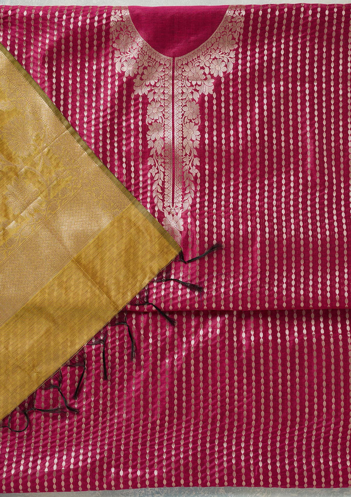 Rani Pink Threadwork Banarasi Unstitched Salwar Suit