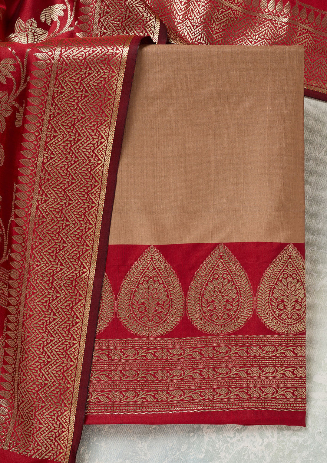 Beige Zariwork (Gold) Banarasi Unstitched Salwar Suit