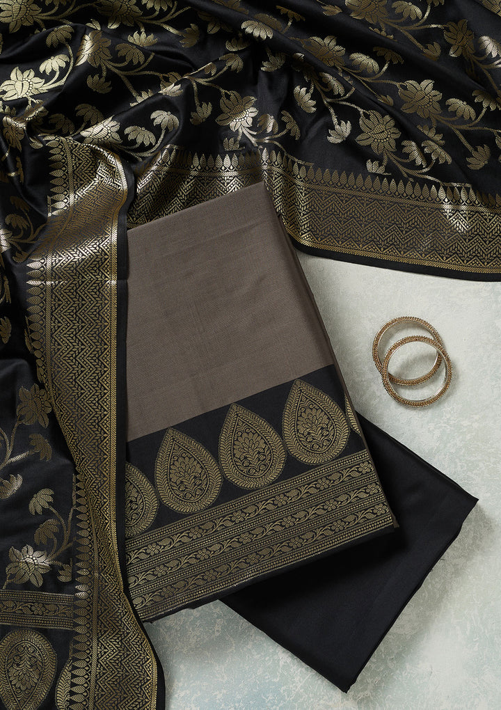 Grey Zariwork (Gold) Banarasi Unstitched Salwar Suit