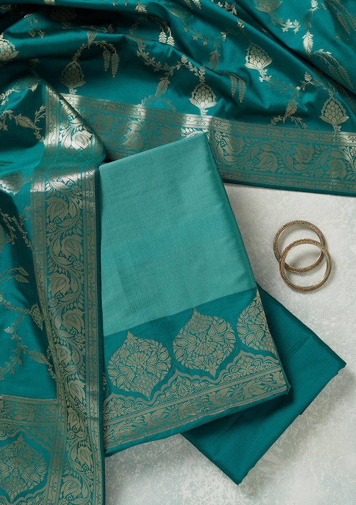 Sea Green Zariwork (Gold) Banarasi Unstitched Salwar Suit