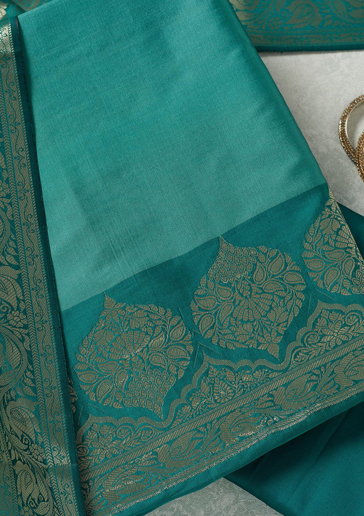 Sea Green Zariwork (Gold) Banarasi Unstitched Salwar Suit