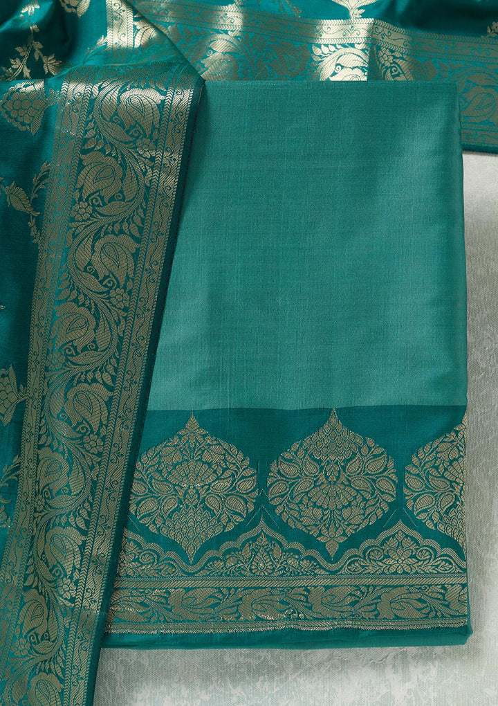 Sea Green Zariwork (Gold) Banarasi Unstitched Salwar Suit