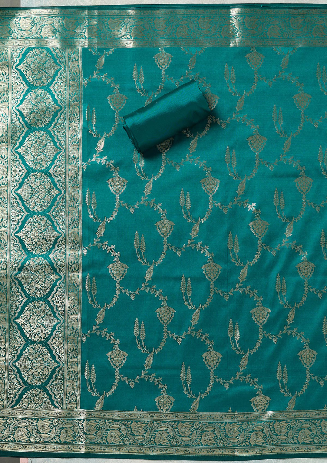 Sea Green Zariwork (Gold) Banarasi Unstitched Salwar Suit
