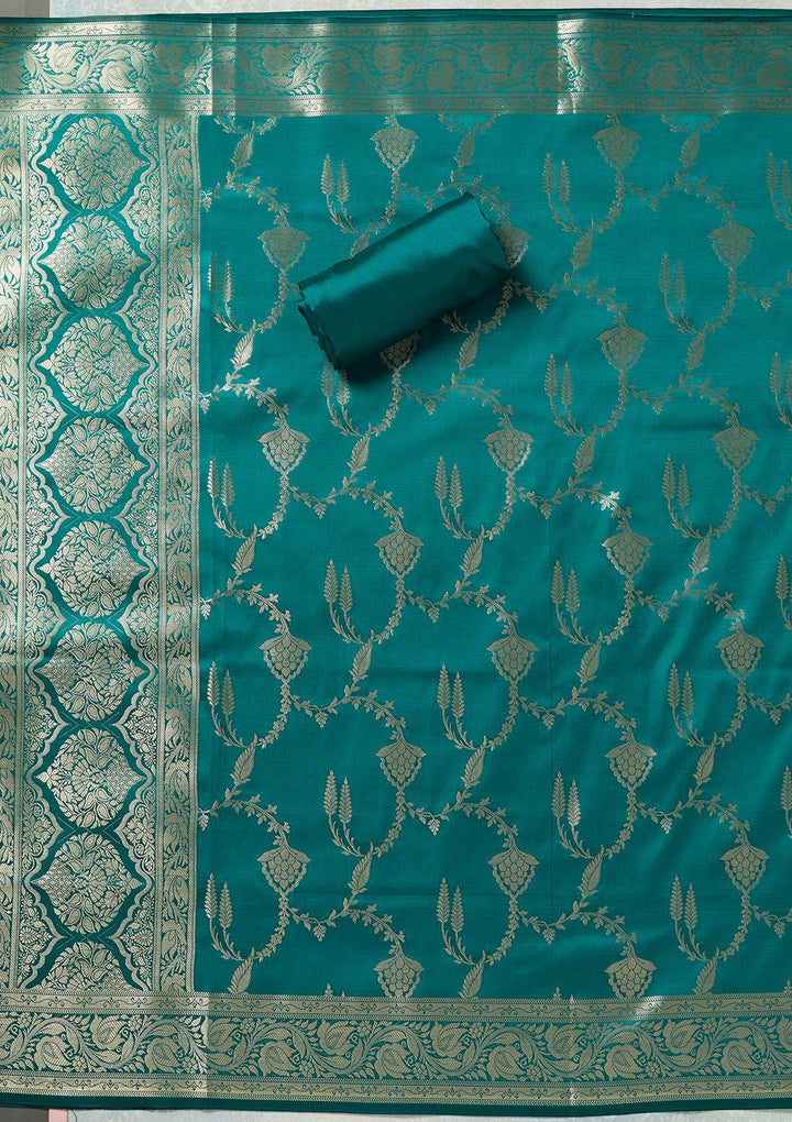 Sea Green Zariwork (Gold) Banarasi Unstitched Salwar Suit