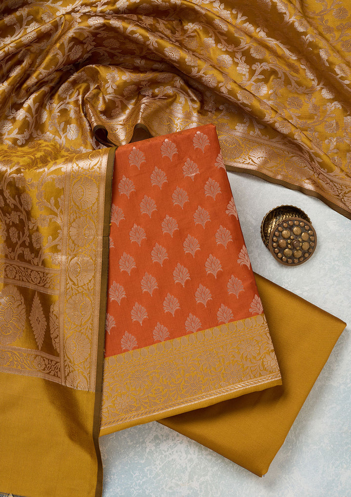 Rust Zariwork (Gold) Banarasi Unstitched Salwar Suit
