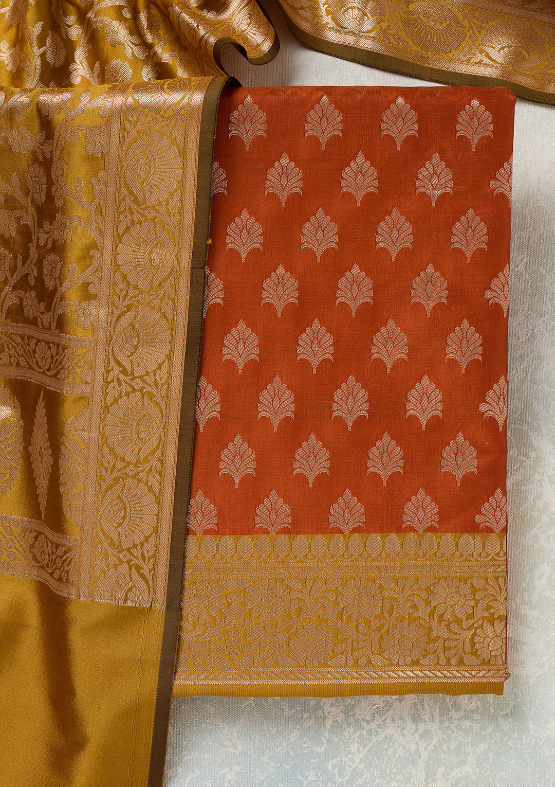 Rust Zariwork (Gold) Banarasi Unstitched Salwar Suit