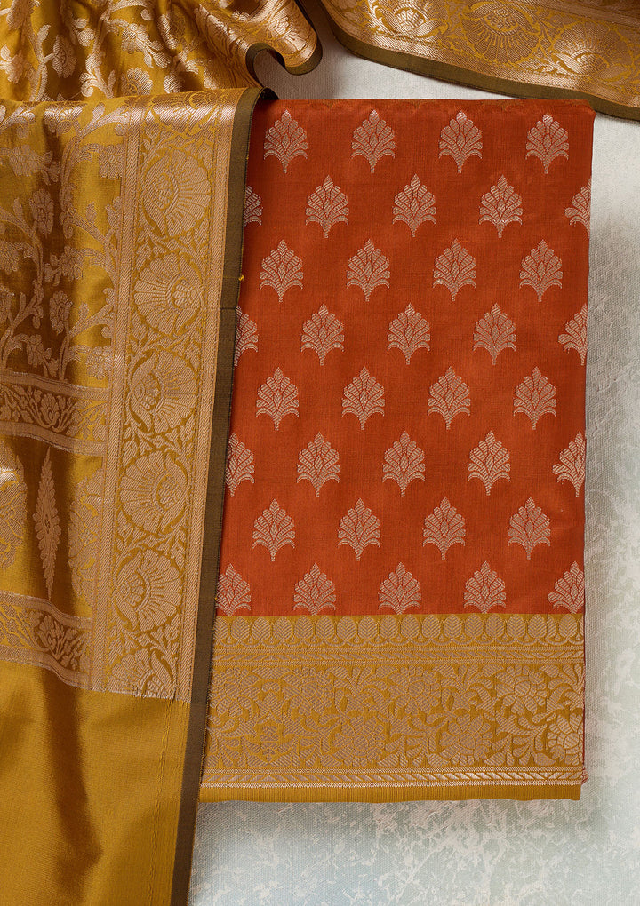 Rust Zariwork (Gold) Banarasi Unstitched Salwar Suit