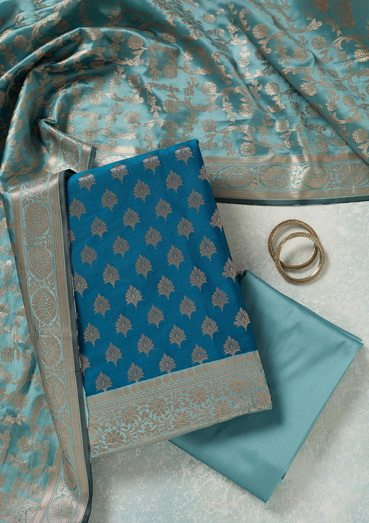 Turquoise Blue Zariwork (Gold) Banarasi Unstitched Salwar Suit