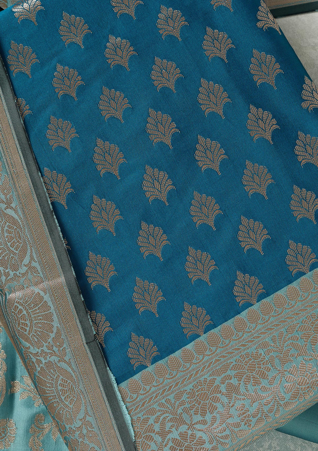 Turquoise Blue Zariwork (Gold) Banarasi Unstitched Salwar Suit