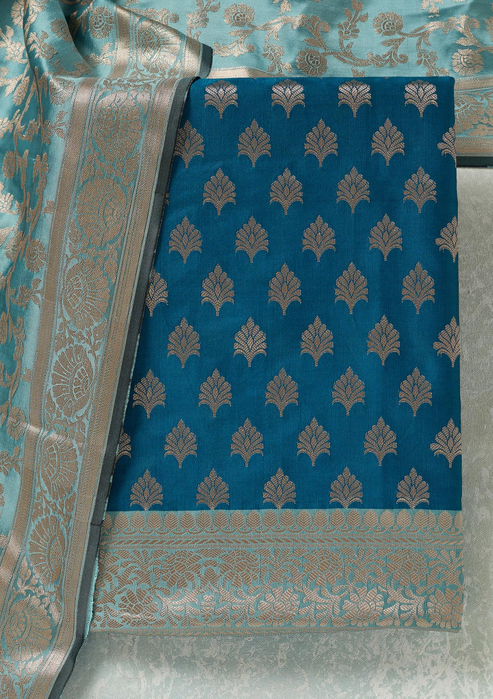 Turquoise Blue Zariwork (Gold) Banarasi Unstitched Salwar Suit