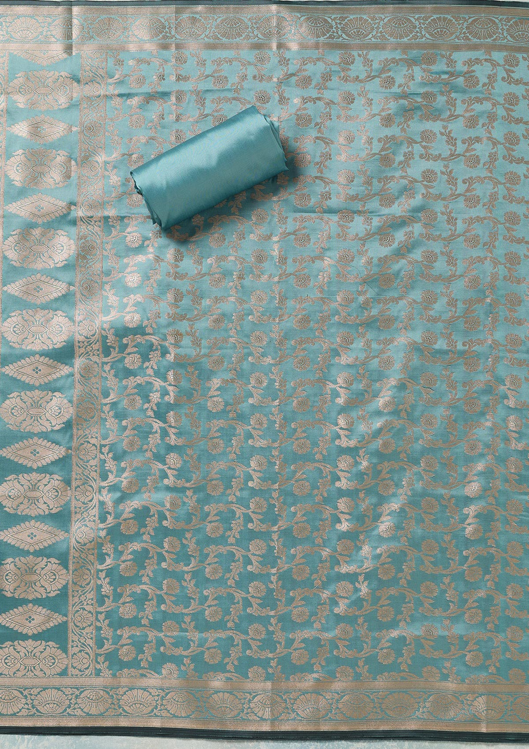 Turquoise Blue Zariwork (Gold) Banarasi Unstitched Salwar Suit