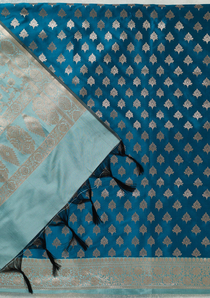 Turquoise Blue Zariwork (Gold) Banarasi Unstitched Salwar Suit
