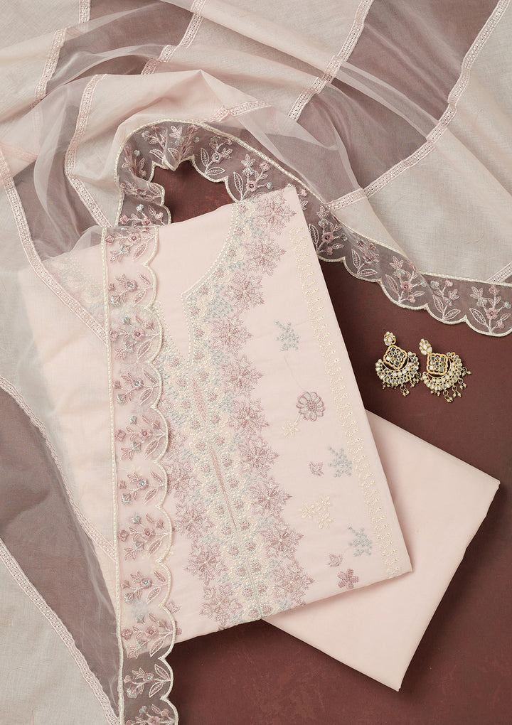 Baby Pink Threadwork Cotton Unstitched Salwar Suit
