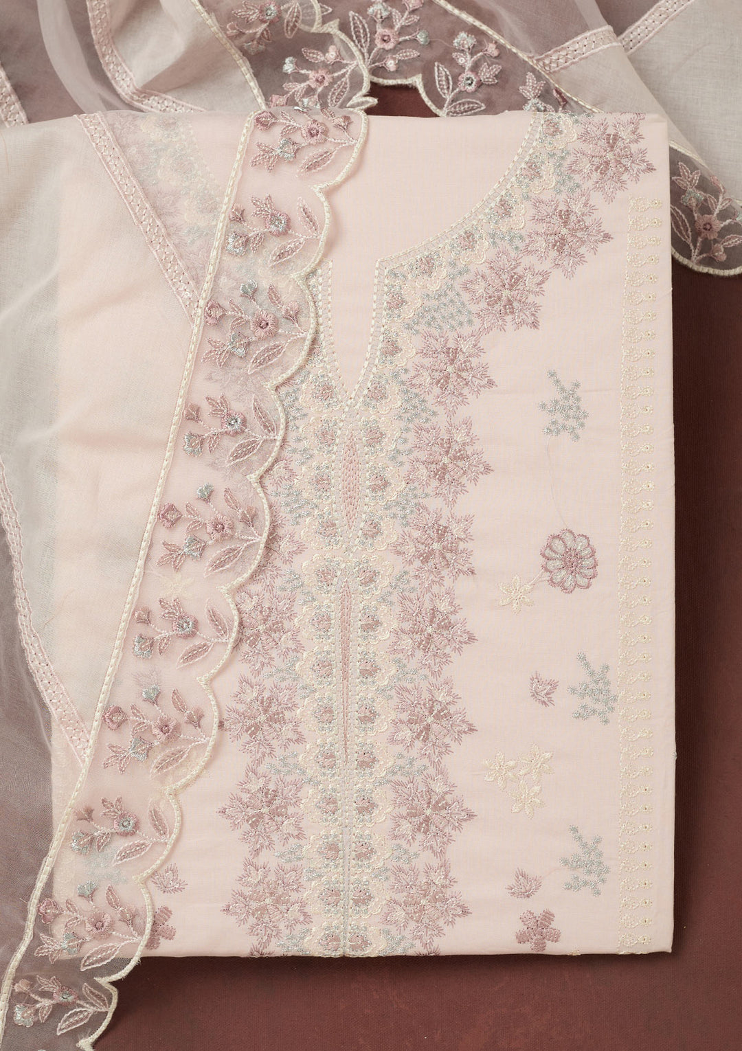 Baby Pink Threadwork Cotton Unstitched Salwar Suit
