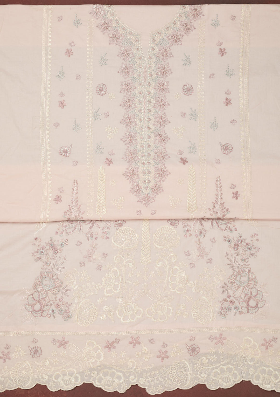 Baby Pink Threadwork Cotton Unstitched Salwar Suit