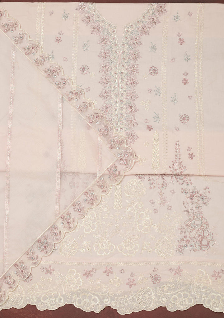 Baby Pink Threadwork Cotton Unstitched Salwar Suit