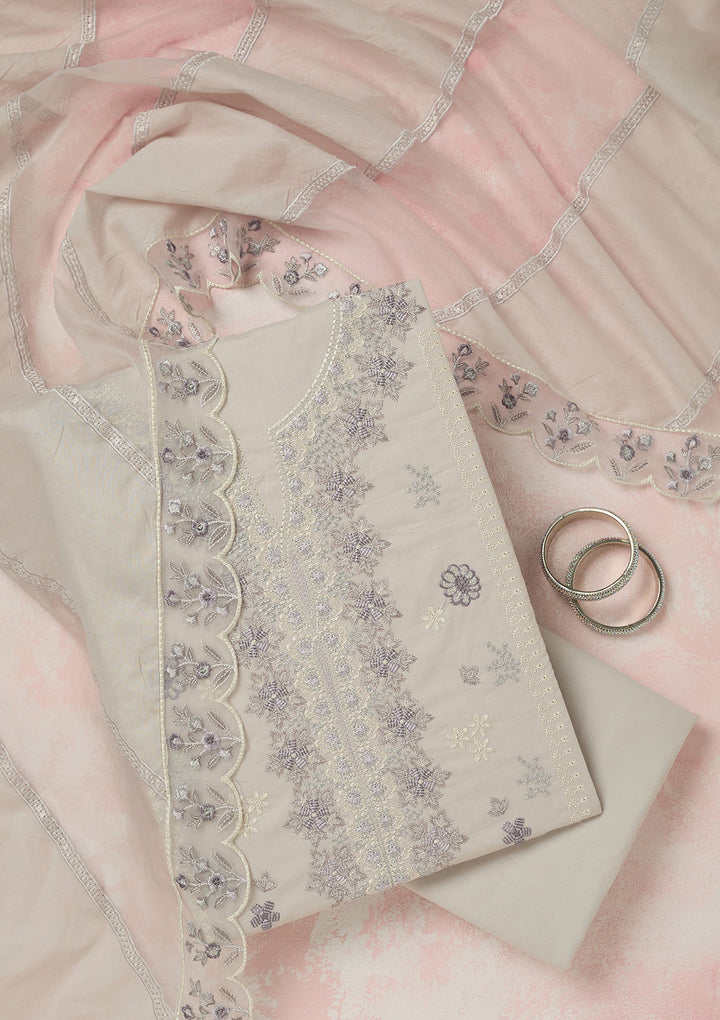 Light Grey Threadwork Cotton Unstitched Salwar Suit
