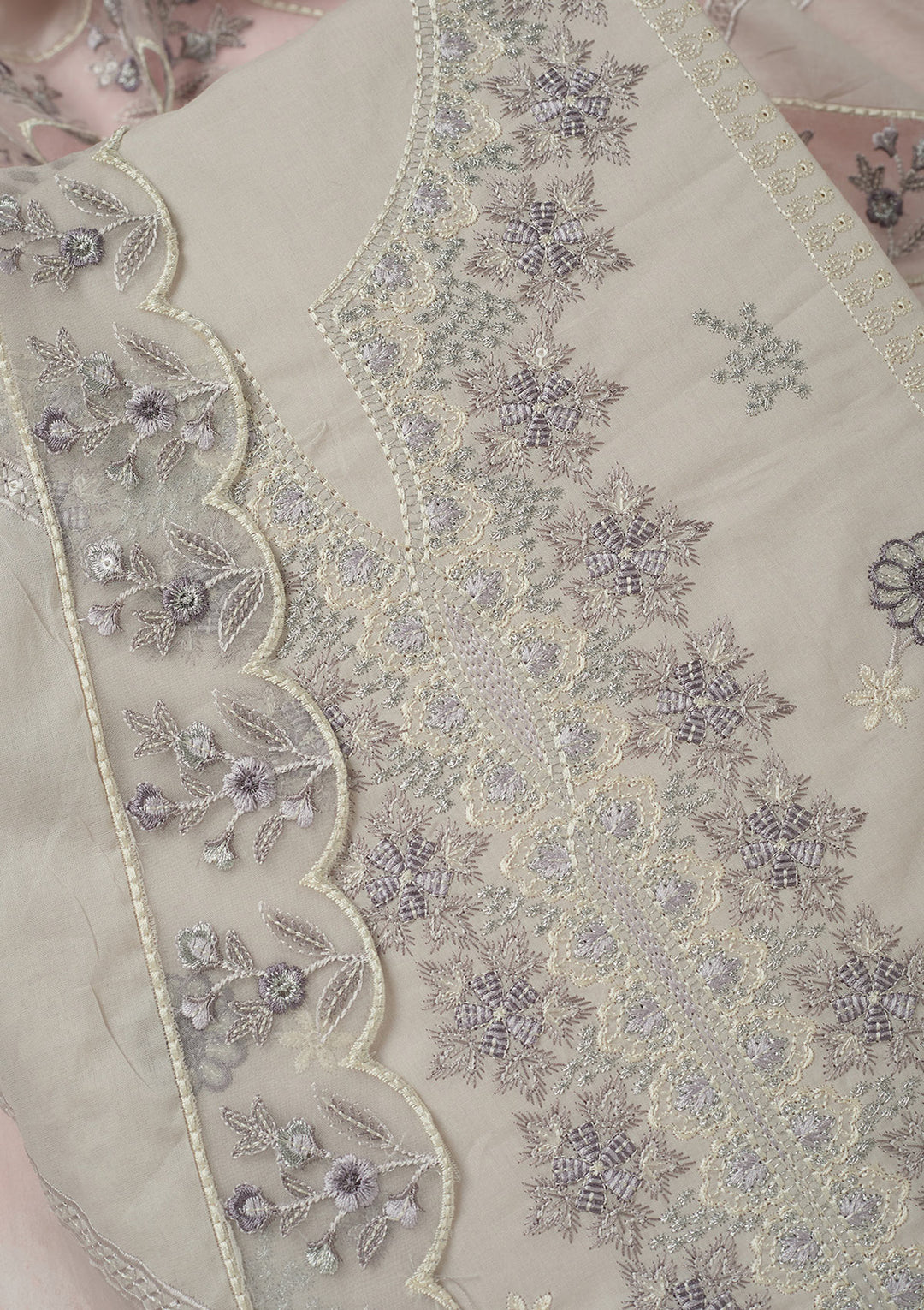 Light Grey Threadwork Cotton Unstitched Salwar Suit