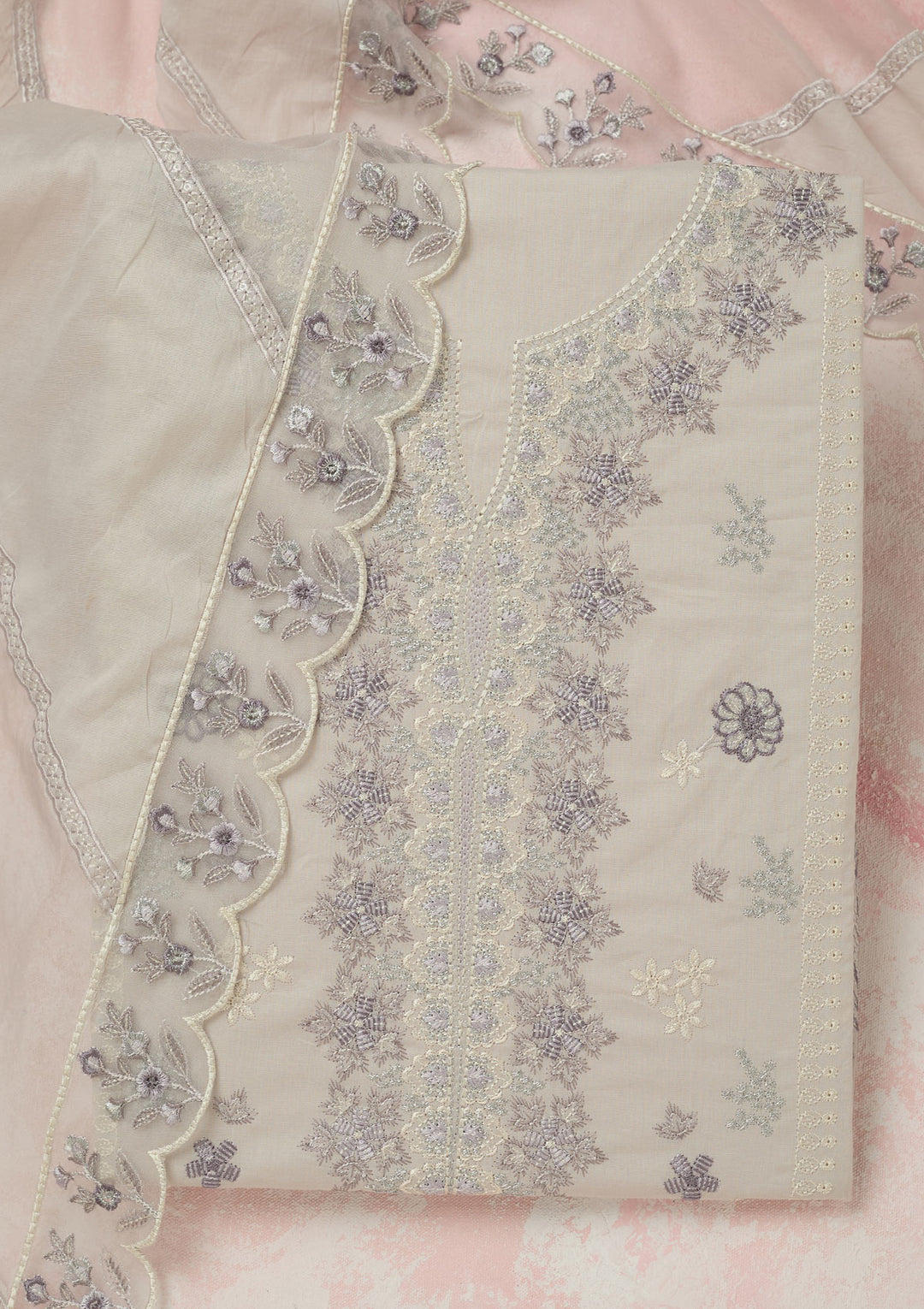 Light Grey Threadwork Cotton Unstitched Salwar Suit