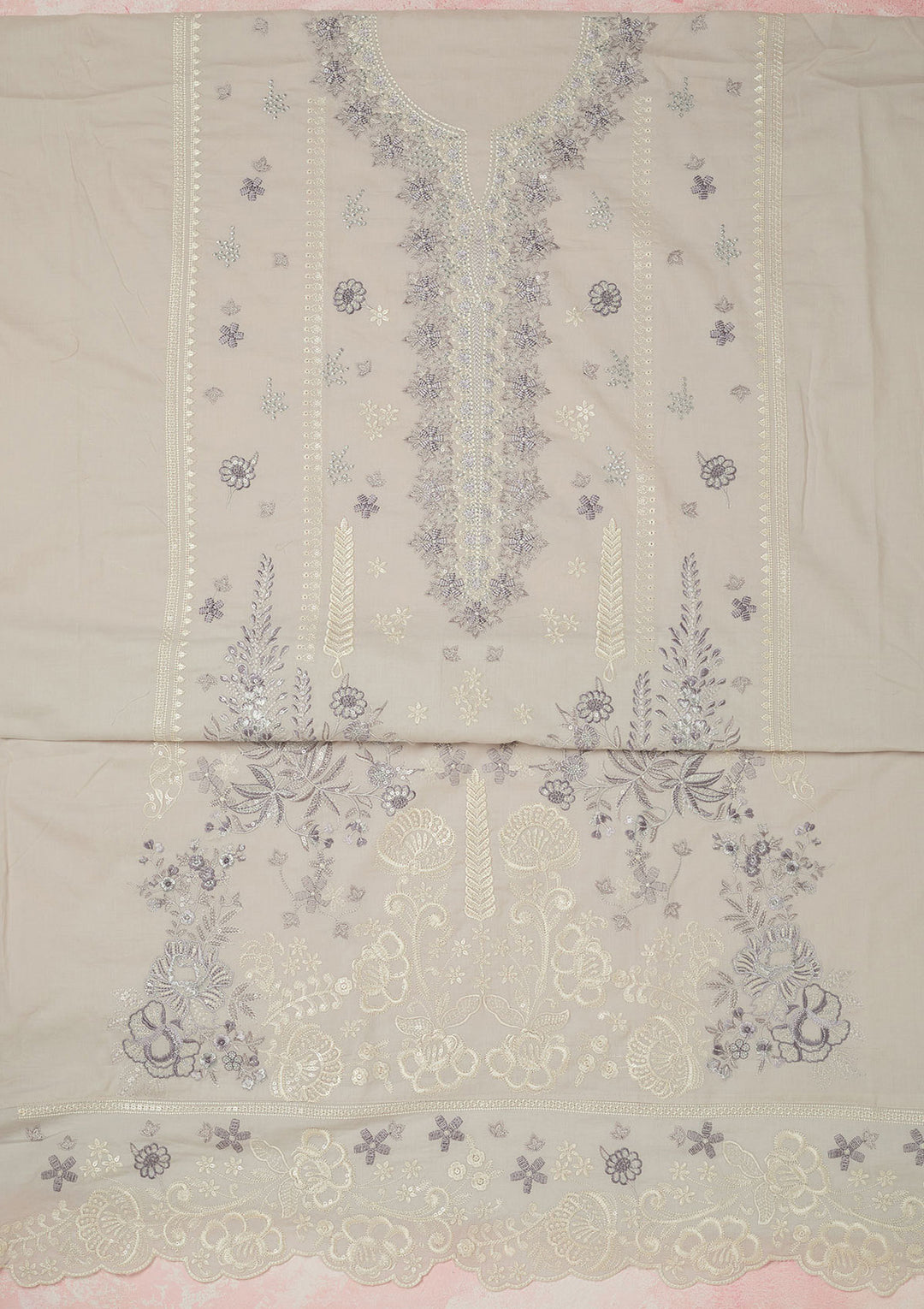 Light Grey Threadwork Cotton Unstitched Salwar Suit