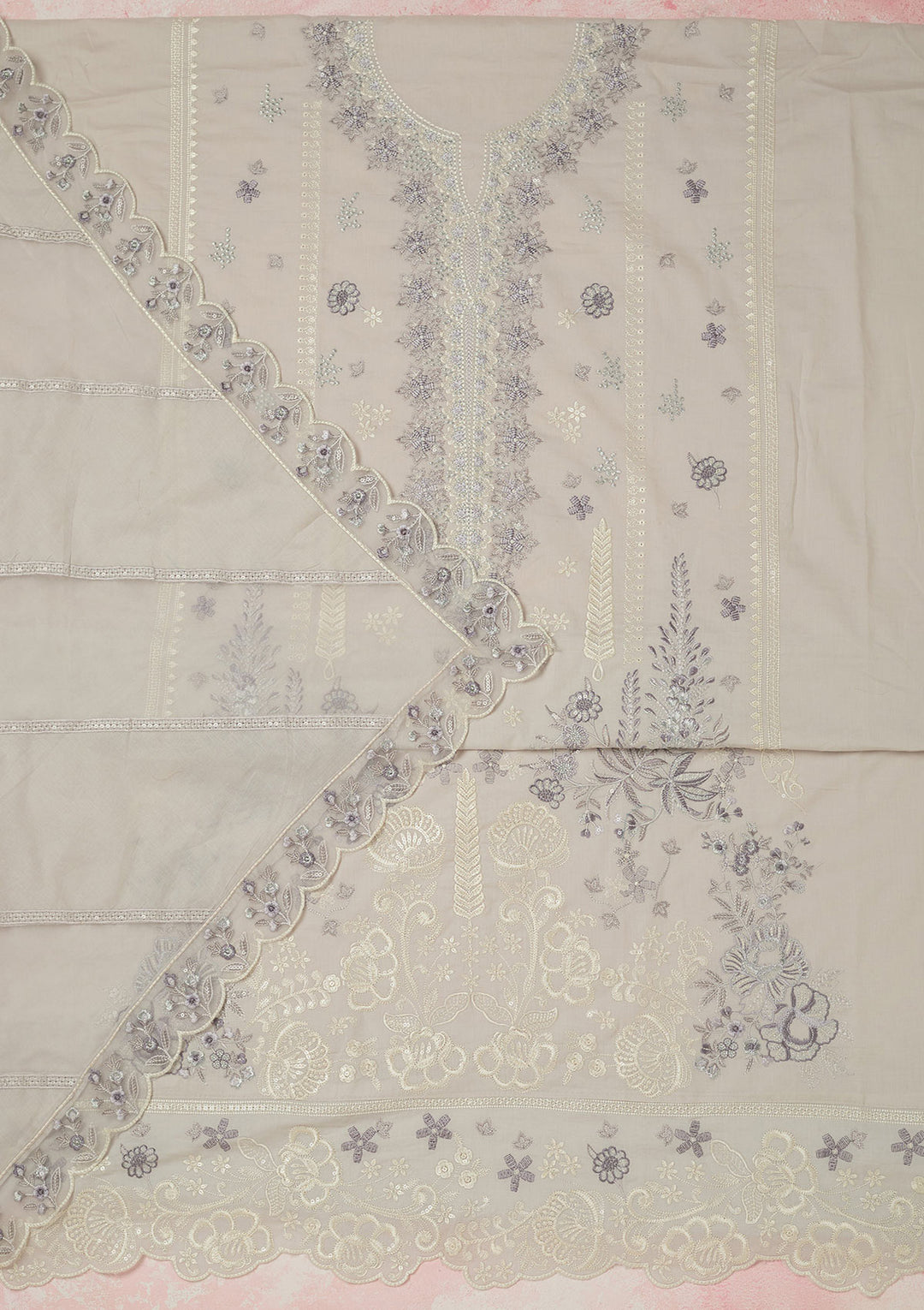 Light Grey Threadwork Cotton Unstitched Salwar Suit