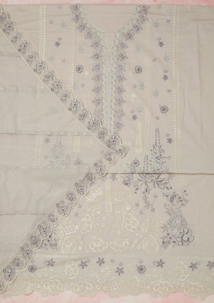 Light Grey Threadwork Cotton Unstitched Salwar Suit