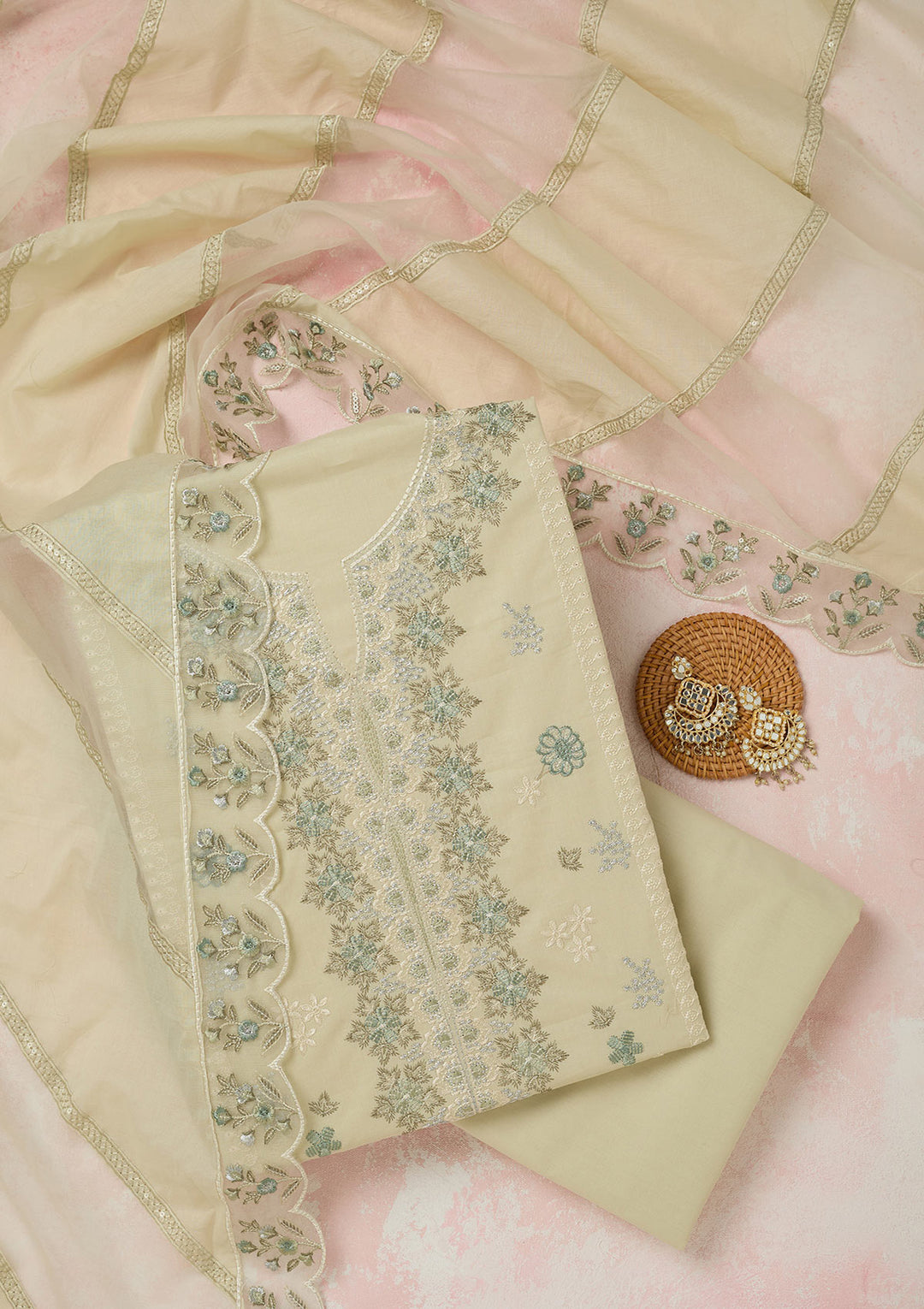 Pista Green Threadwork Cotton Unstitched Salwar Suit