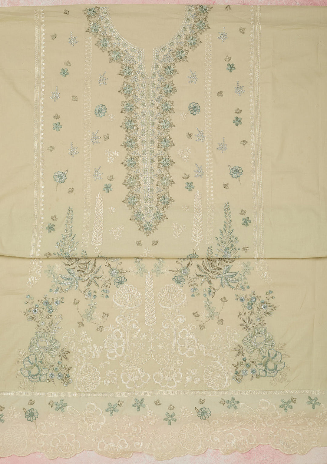 Pista Green Threadwork Cotton Unstitched Salwar Suit