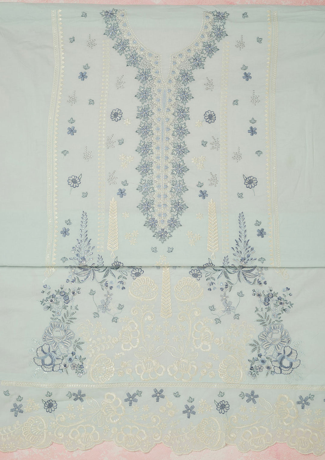 Sky Blue Threadwork Cotton Unstitched Salwar Suit