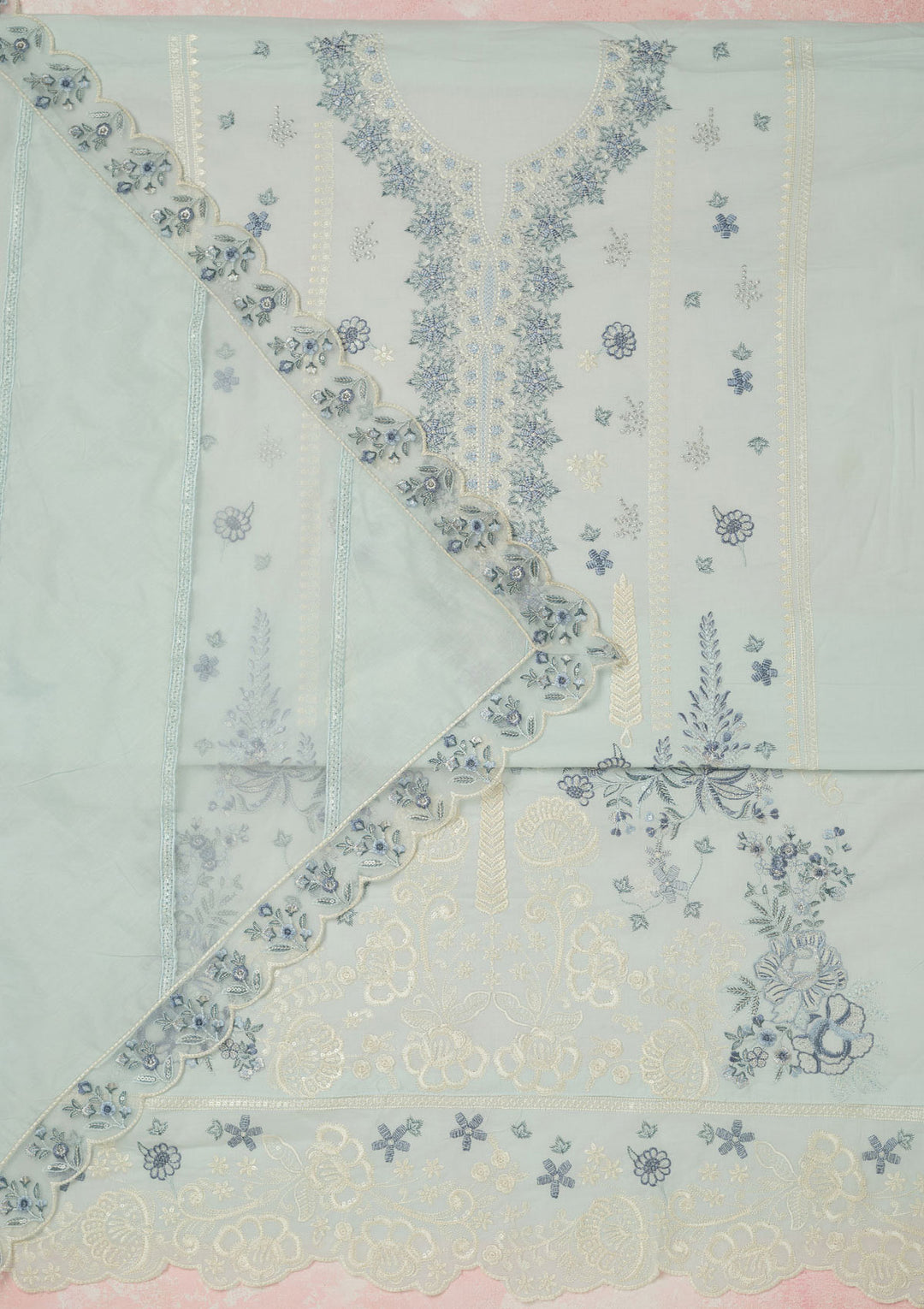 Sky Blue Threadwork Cotton Unstitched Salwar Suit