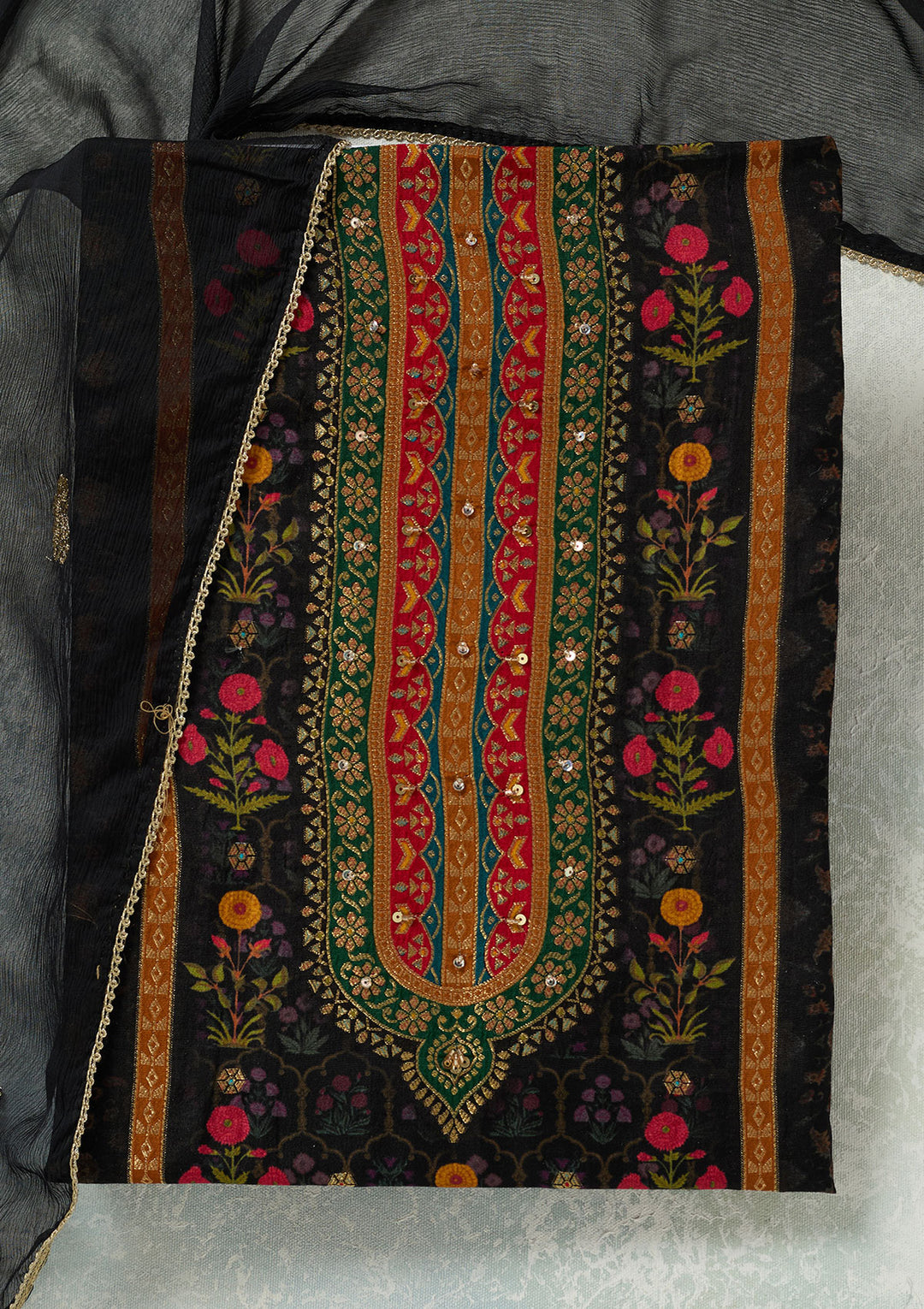 Black Zariwork (Gold) Dola Silk Unstitched Salwar Suit