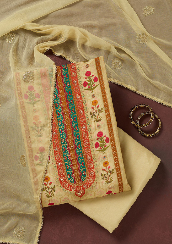 Cream Threadwork Dola Silk Unstitched Salwar Suit