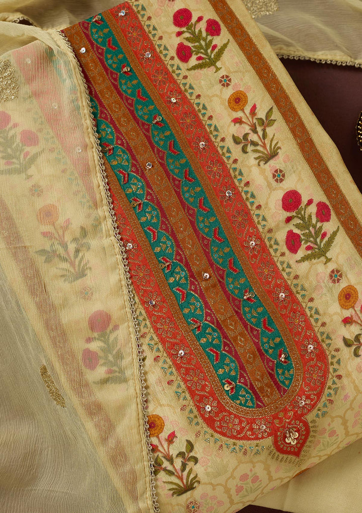 Cream Threadwork Dola Silk Unstitched Salwar Suit
