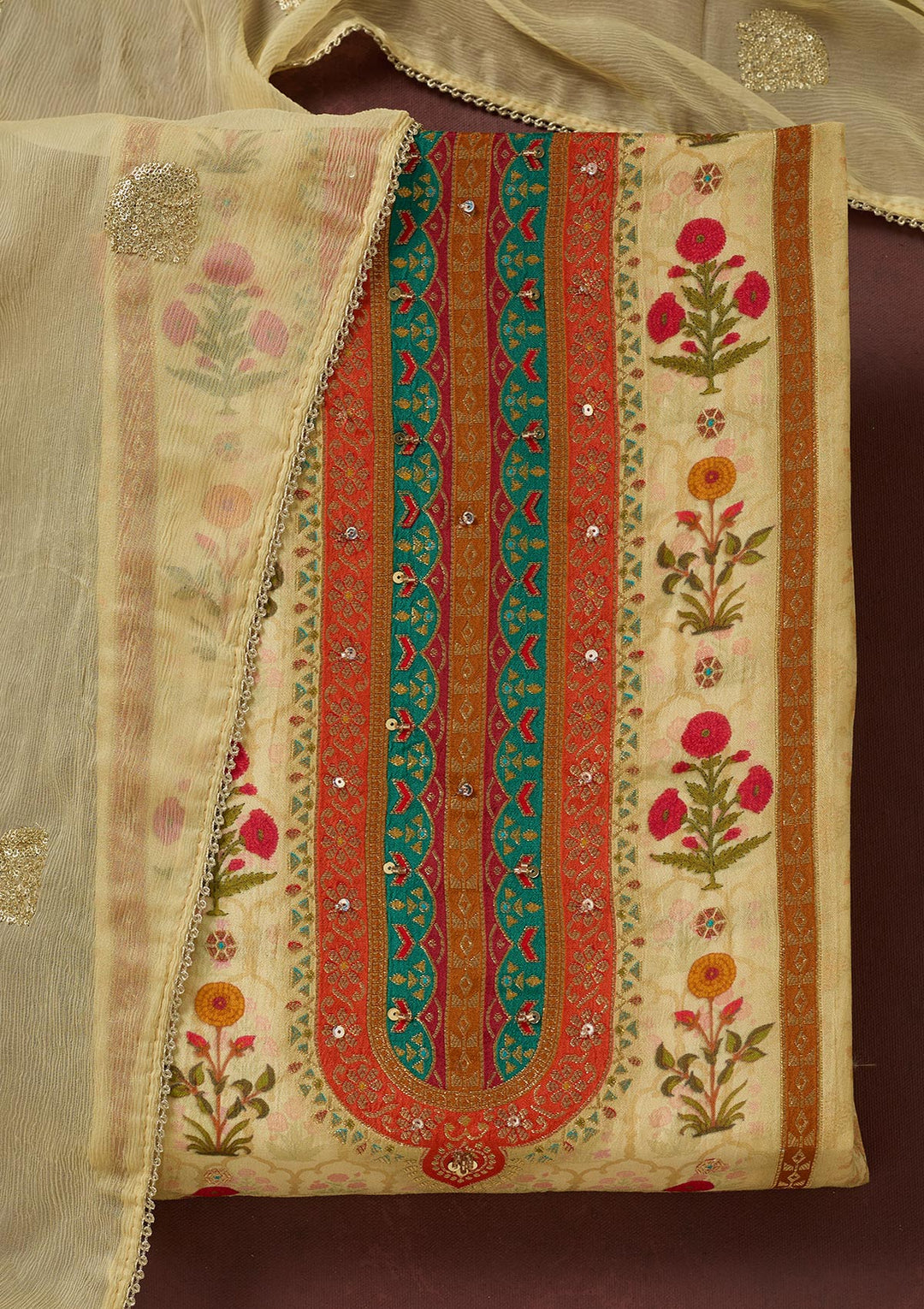Cream Threadwork Dola Silk Unstitched Salwar Suit