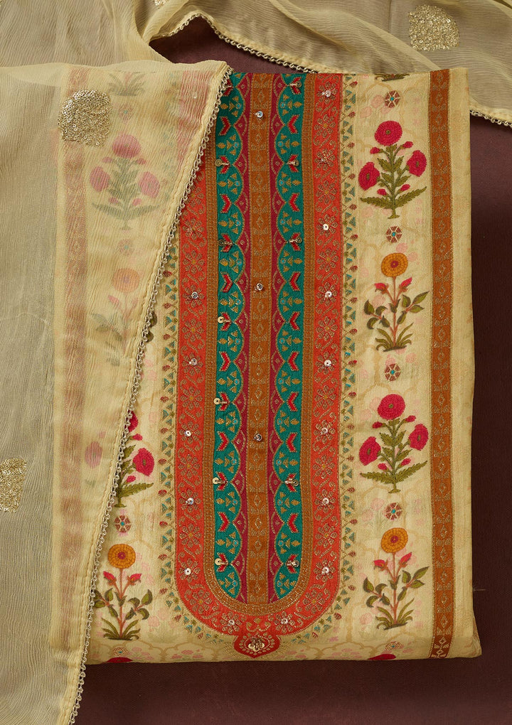 Cream Threadwork Dola Silk Unstitched Salwar Suit