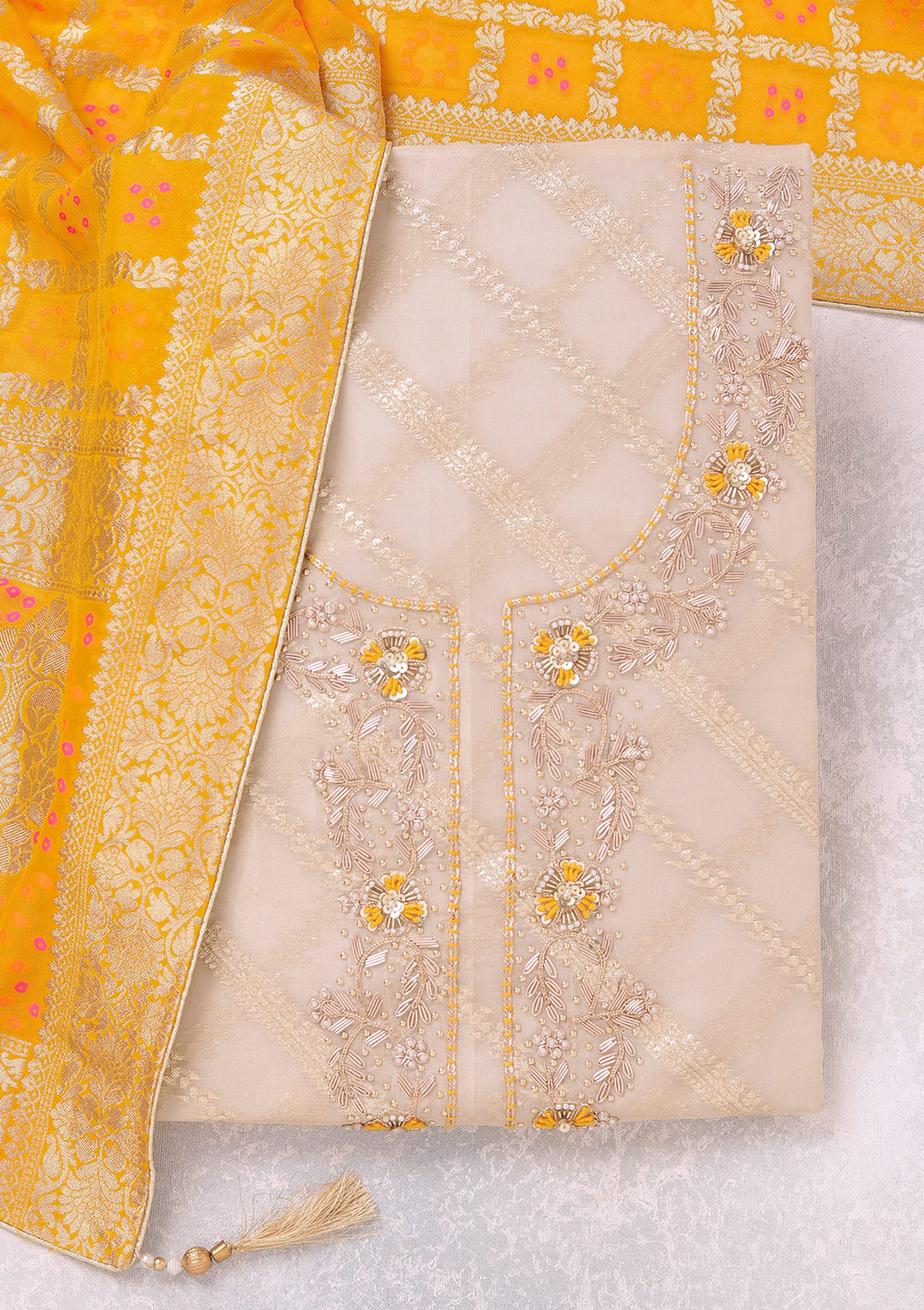 Beige Zardozi (Gold) Chanderi Unstitched Salwar Suit