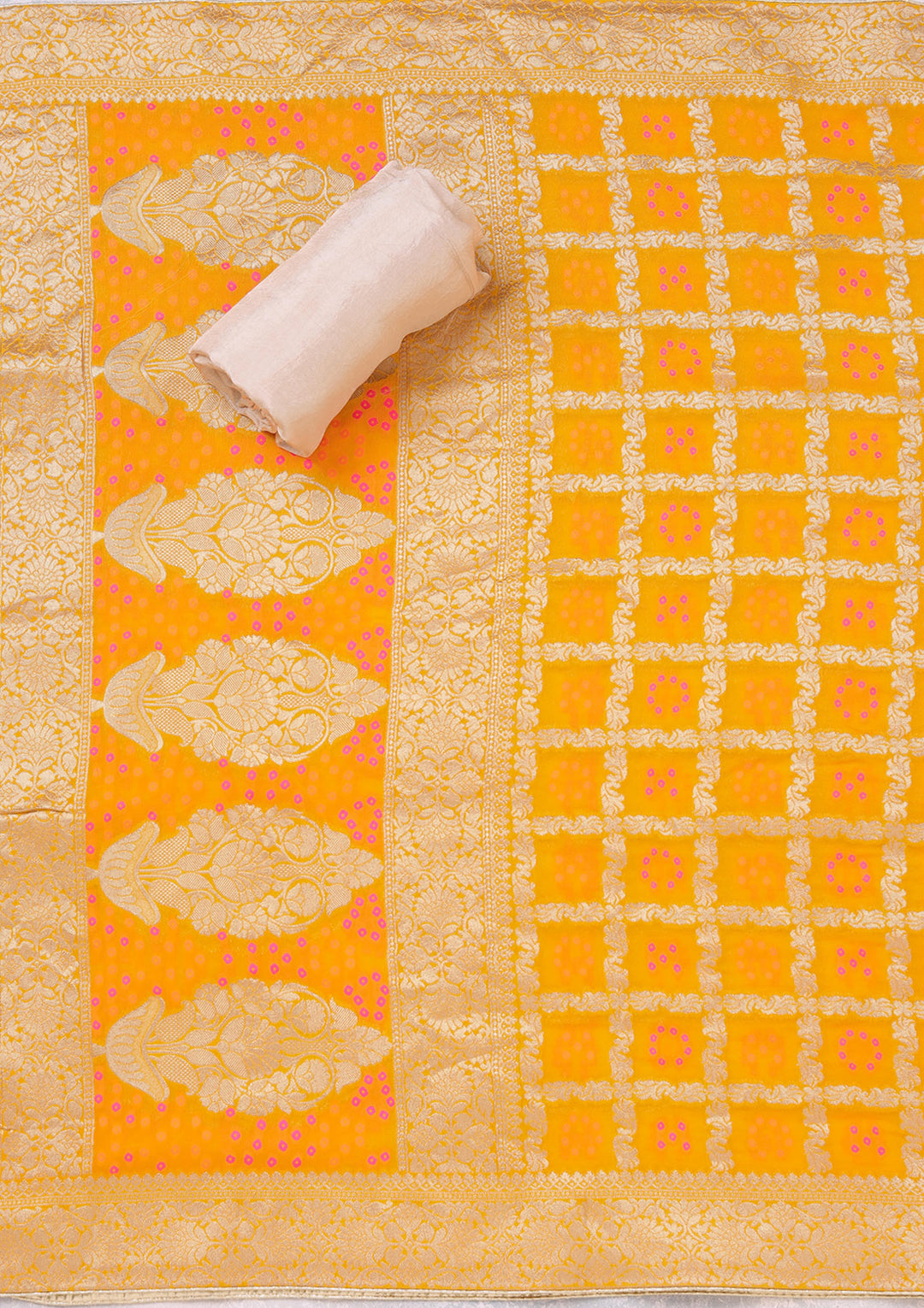 Beige Zardozi (Gold) Chanderi Unstitched Salwar Suit