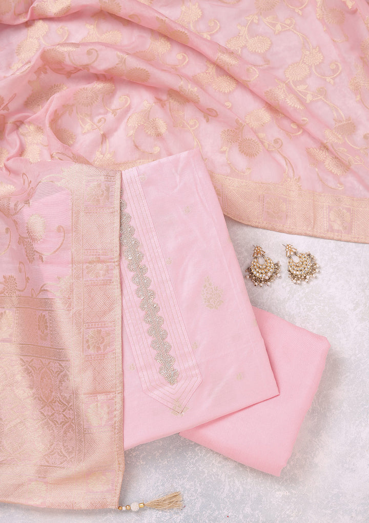 Baby Pink Zariwork (Gold) Chanderi Unstitched Salwar Suit