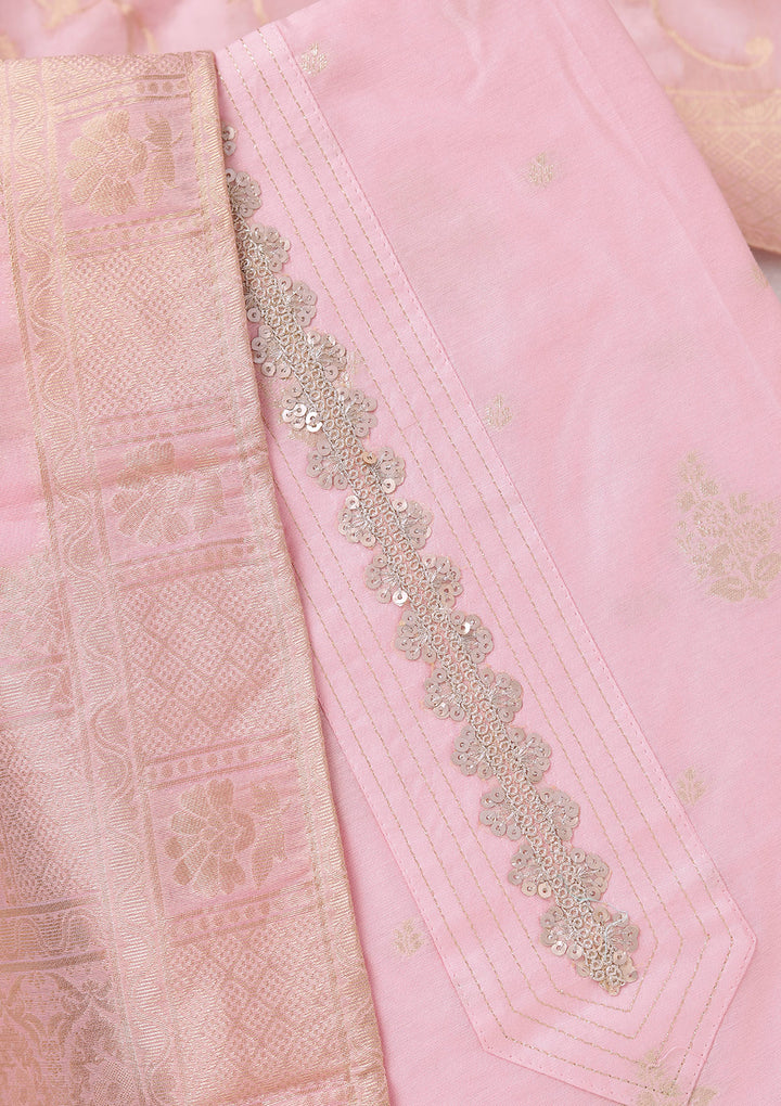 Baby Pink Zariwork (Gold) Chanderi Unstitched Salwar Suit