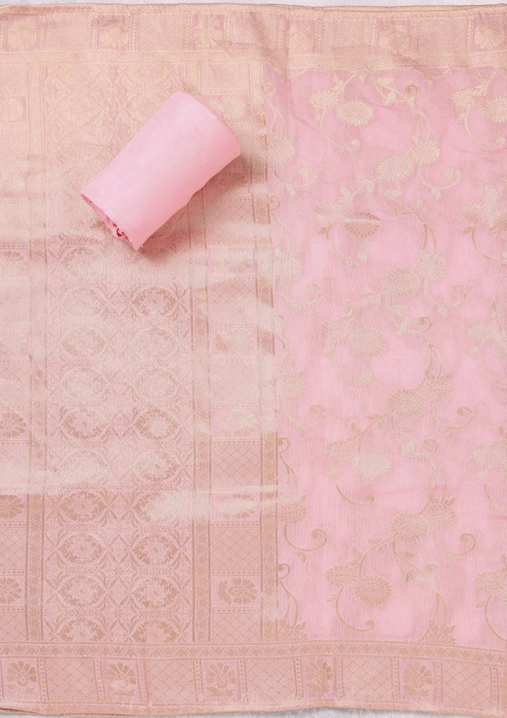 Baby Pink Zariwork (Gold) Chanderi Unstitched Salwar Suit