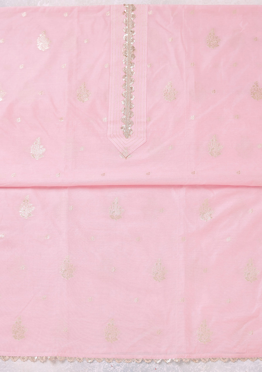 Baby Pink Zariwork (Gold) Chanderi Unstitched Salwar Suit