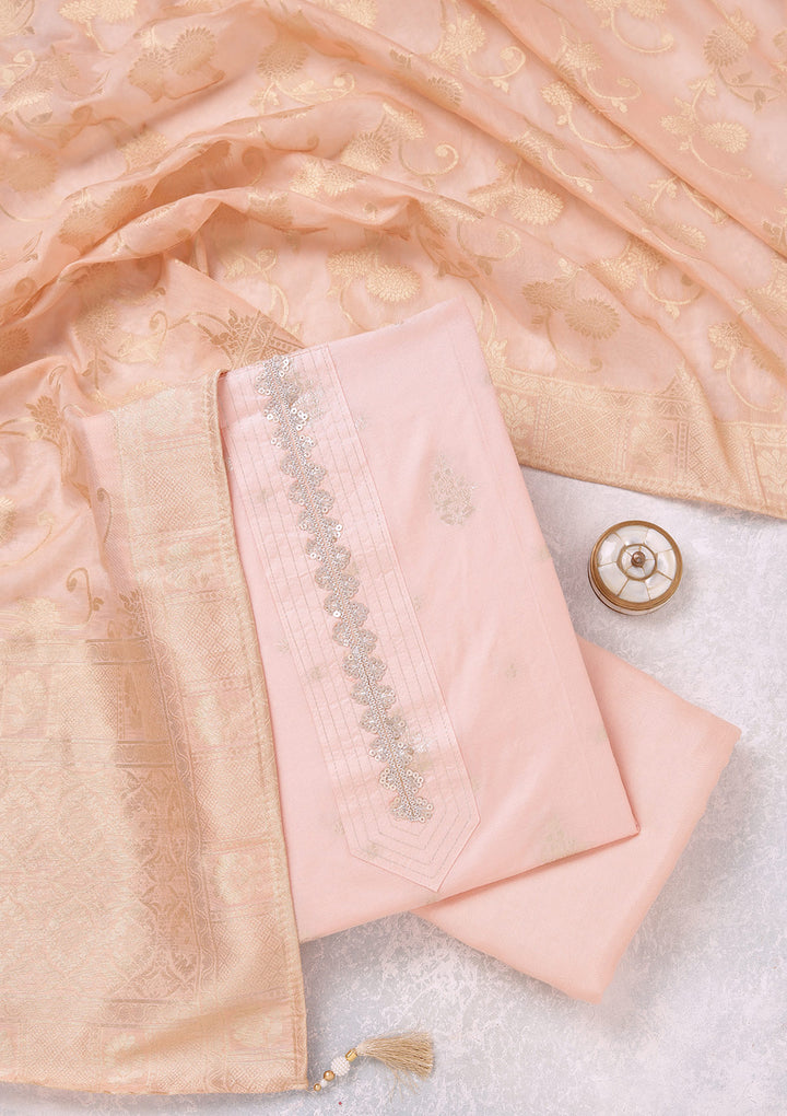 Peach Zariwork (Gold) Chanderi Unstitched Salwar Suit