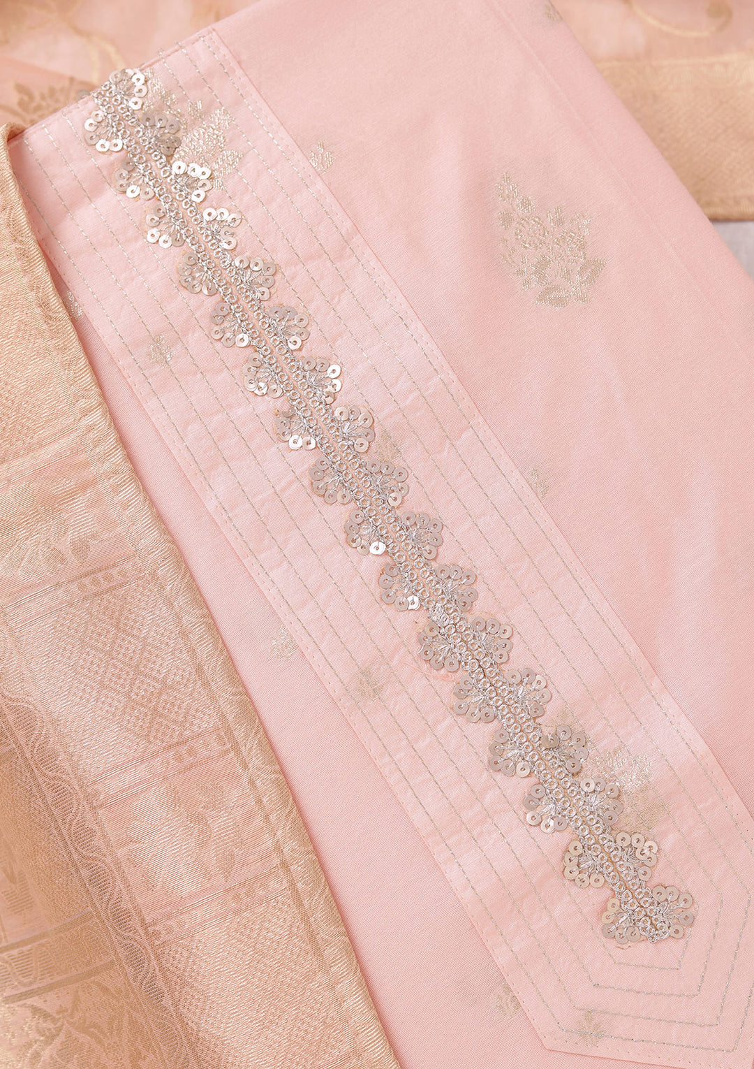 Peach Zariwork (Gold) Chanderi Unstitched Salwar Suit