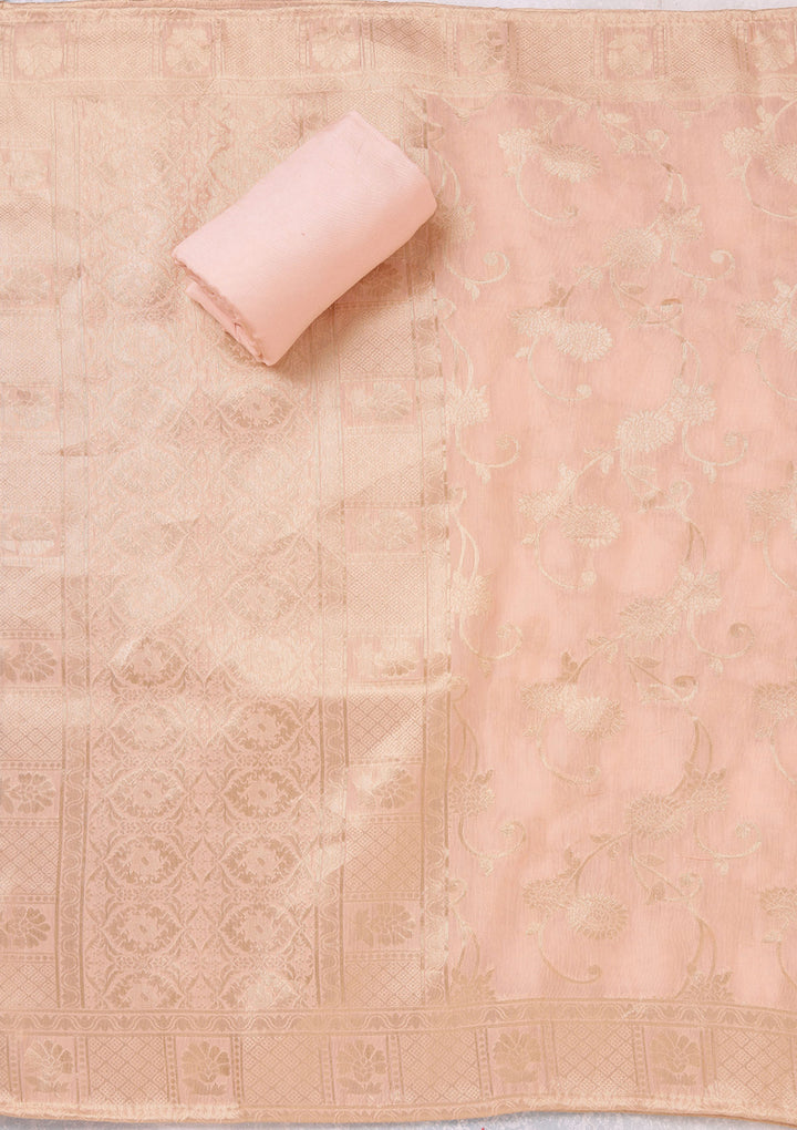 Peach Zariwork (Gold) Chanderi Unstitched Salwar Suit