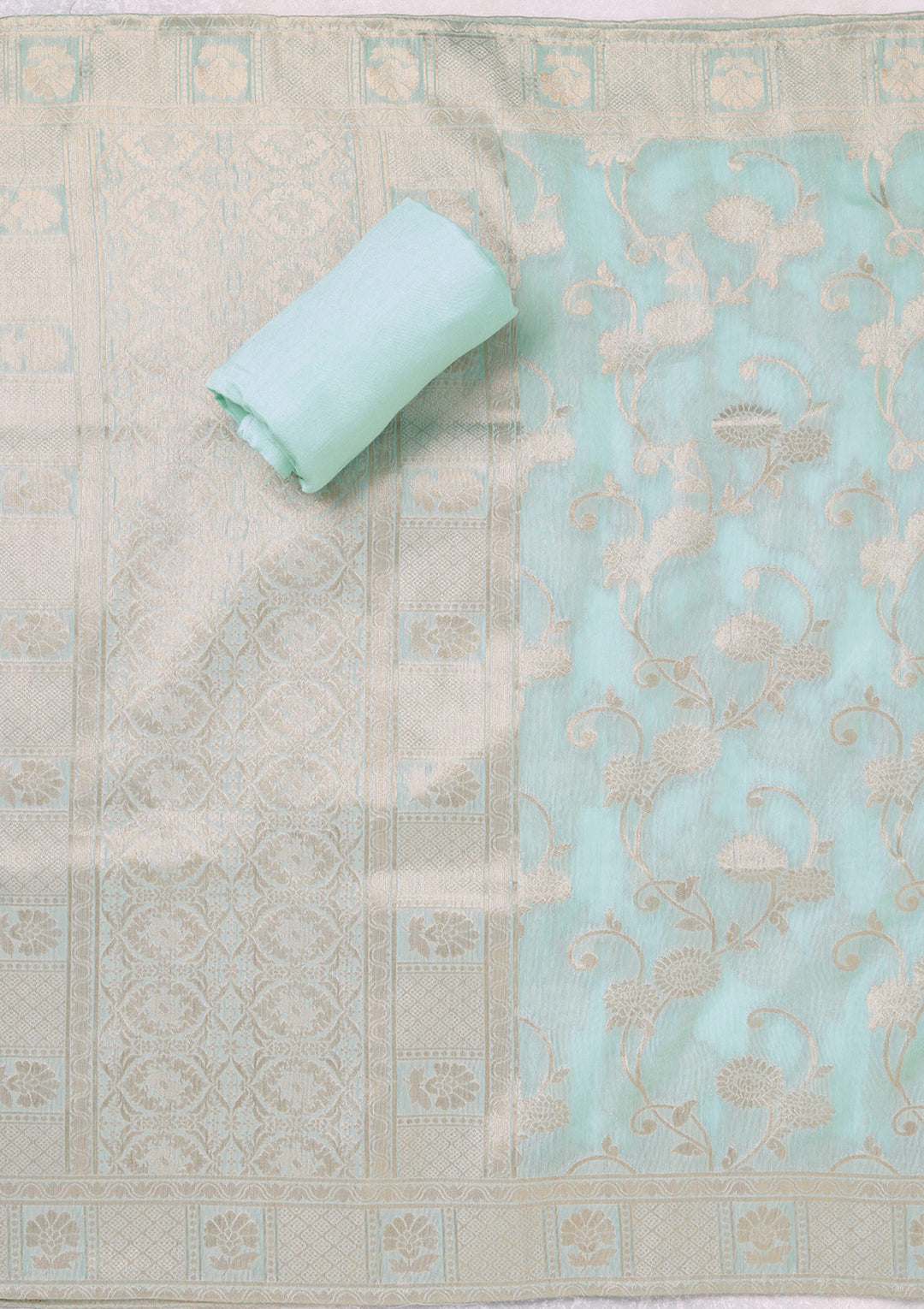 Sea Green Zariwork (Gold) Chanderi Unstitched Salwar Suit