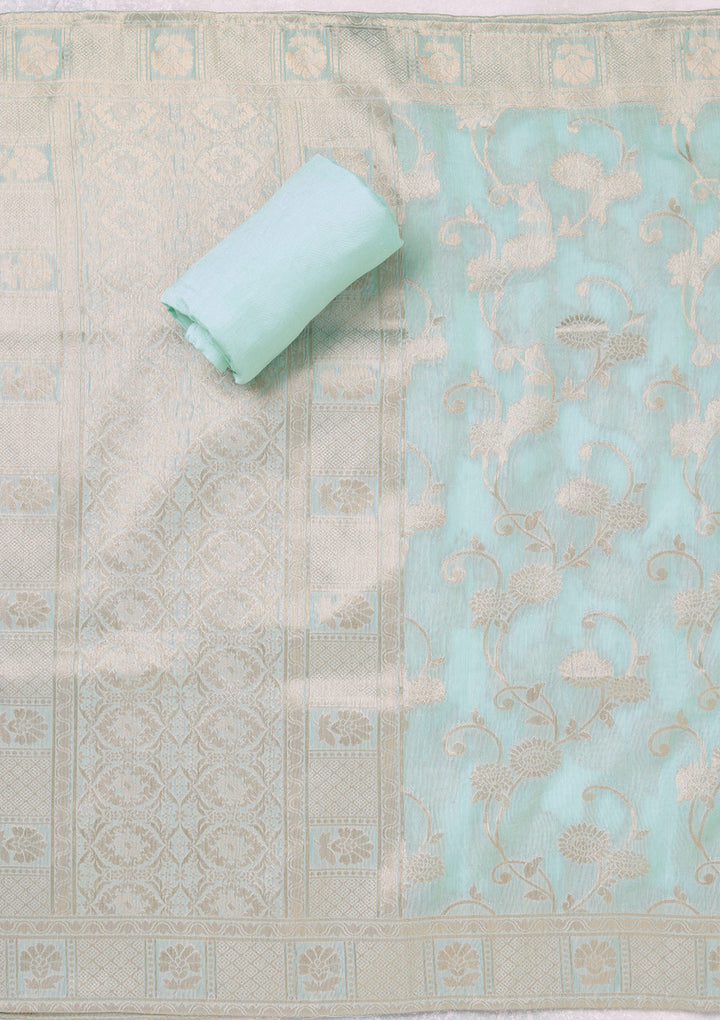 Sea Green Zariwork (Gold) Chanderi Unstitched Salwar Suit