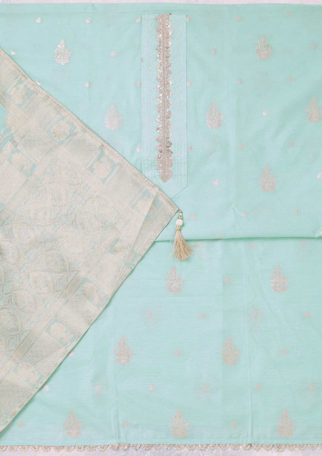 Sea Green Zariwork (Gold) Chanderi Unstitched Salwar Suit