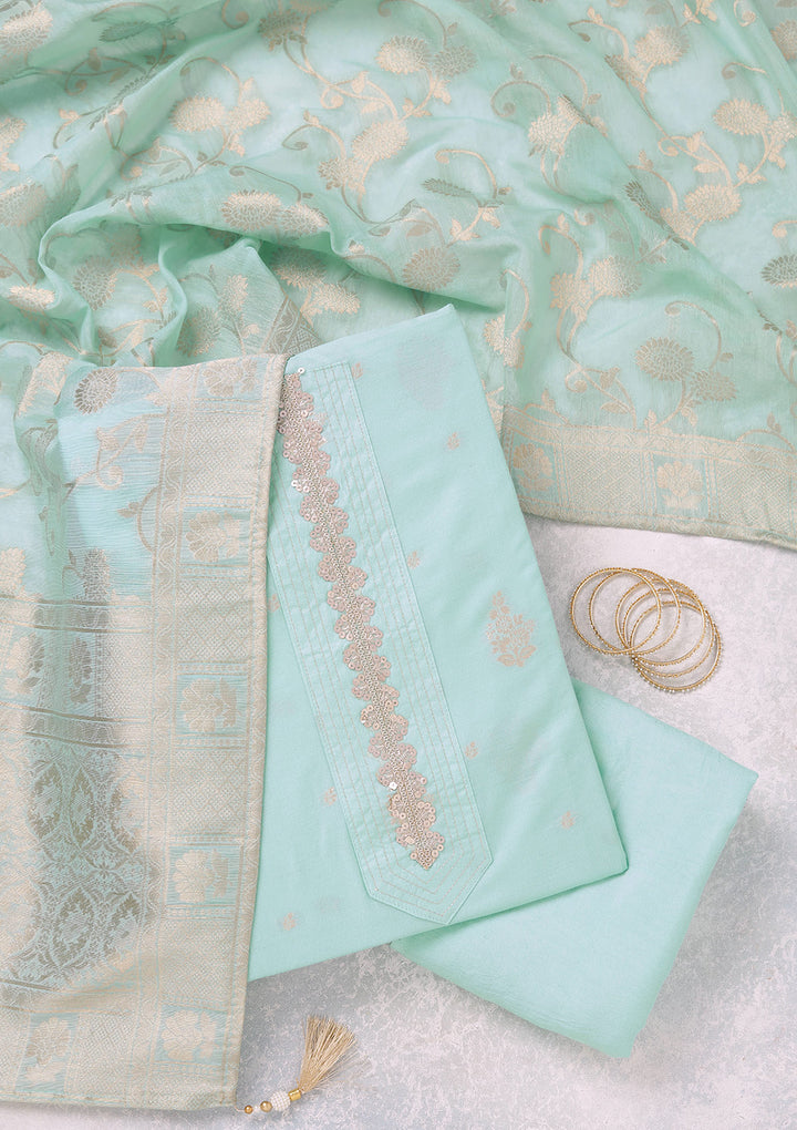 Sea Green Zariwork (Gold) Chanderi Unstitched Salwar Suit